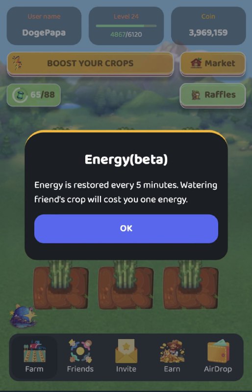 GM Farmers🧑‍🌾We've increased the base value of energy! ⚡️ Now, you can get more energy by leveling up or inviting friends (feature coming soon).You can also choose whether to use energy to water your friends for guaranteed returns or take the riskier path of stealing for higher rewards. Farmers have their own choices, but in the end, everyone wins. 🌱Stay tuned for TGE details, planned to be announced in October.